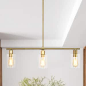 3-Light Gold Industrial Linear Chandelier with Glass Shades for Kitchen Island with No Bulbs Included