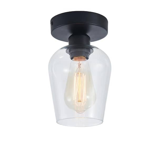 RRTYO Fritts 4.72 in. 1-Light Black Modern Hallway Semi- Flush Mount Ceiling Light with Clear Glass Wineglass Shade