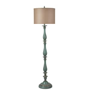 61 in. Distressed Blue Floor Lamp with Taupe Hardback Silk Shade