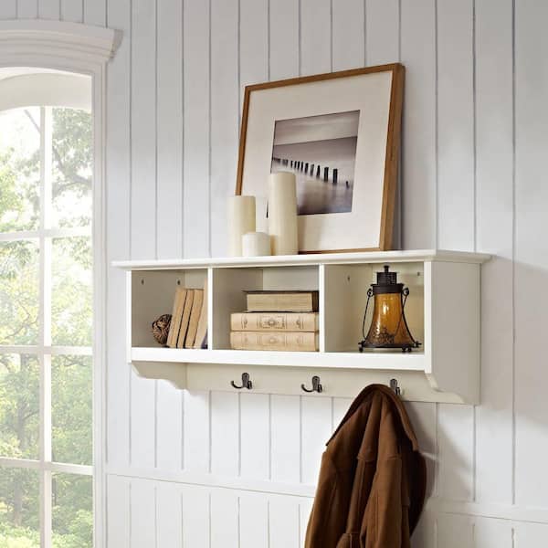 Homfa Wall Mounted Shelf with Storage, Bamboo Wall Coat Rack with 5 Hooks  for Entryway, White 