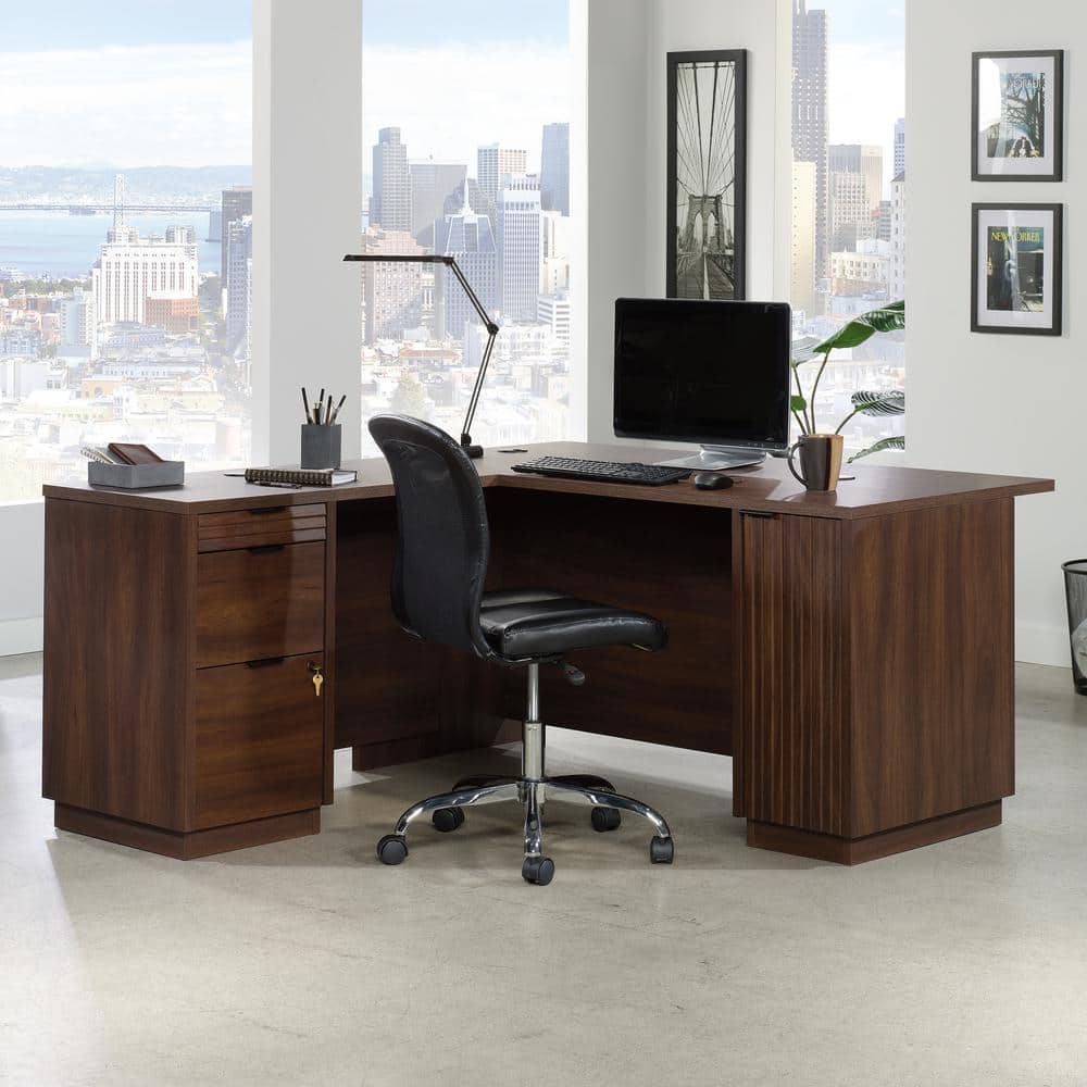 Gray Wood L-Shaped Computer Desk with Drawer and Filing Cabinet