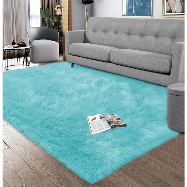 Blue Lighter Tufted Rug – Retro Rainbow Fluffy Design, Anti-Slip