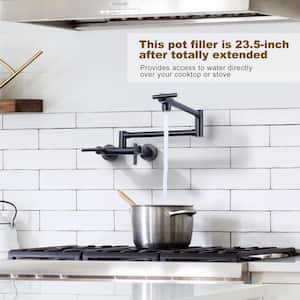 Solid Brass Wall Mounted Pot Filler Faucet for Both Hot Cold Water with Double Joint Swing Arm in Oil Rubbed Bronze