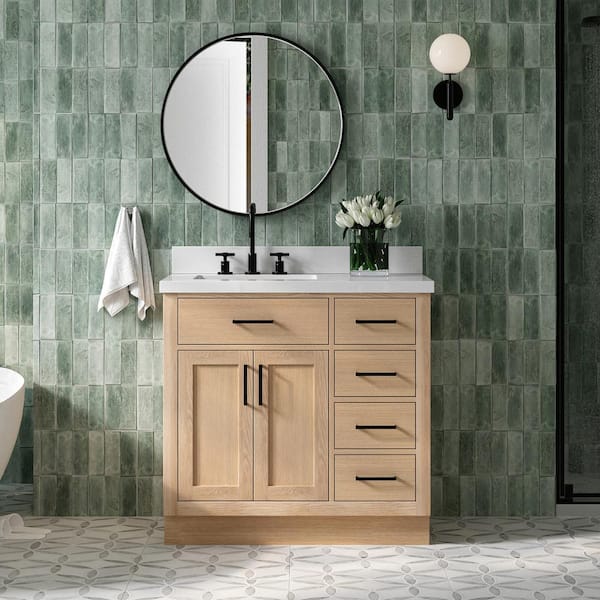 Hepburn 37 in. W x 22 in. D x 36 in. H Single Freestanding Bath Vanity in Oak with Pure White Quartz Top