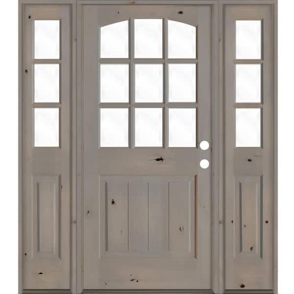 Krosswood Doors 64 in. x 80 in. Knotty Alder Left-Hand/Inswing 9-Lite Clear Glass Grey Stain Wood Prehung Front Door with Sidelites