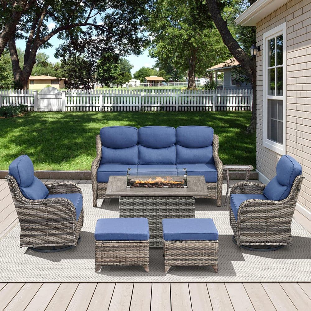 Arcadia Gray 7-Piece Wicker Outdoor Patio Fire Pit Deep Seating Set with 6 in. Thick Navy Blue Cushions price history on PriceWatchPro