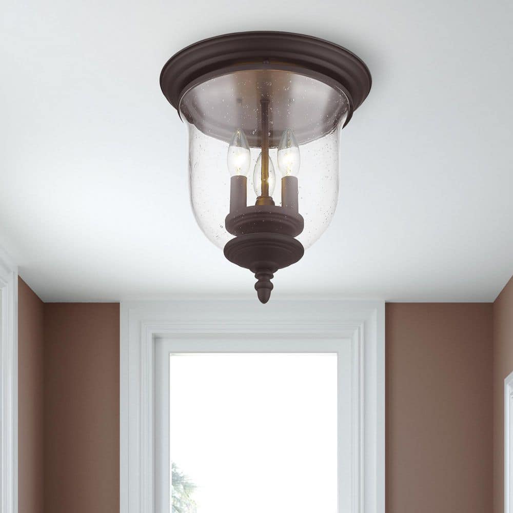 Bronze Legacy 3-Light Seeded Glass Jar Indoor/Outdoor Flush Mount
