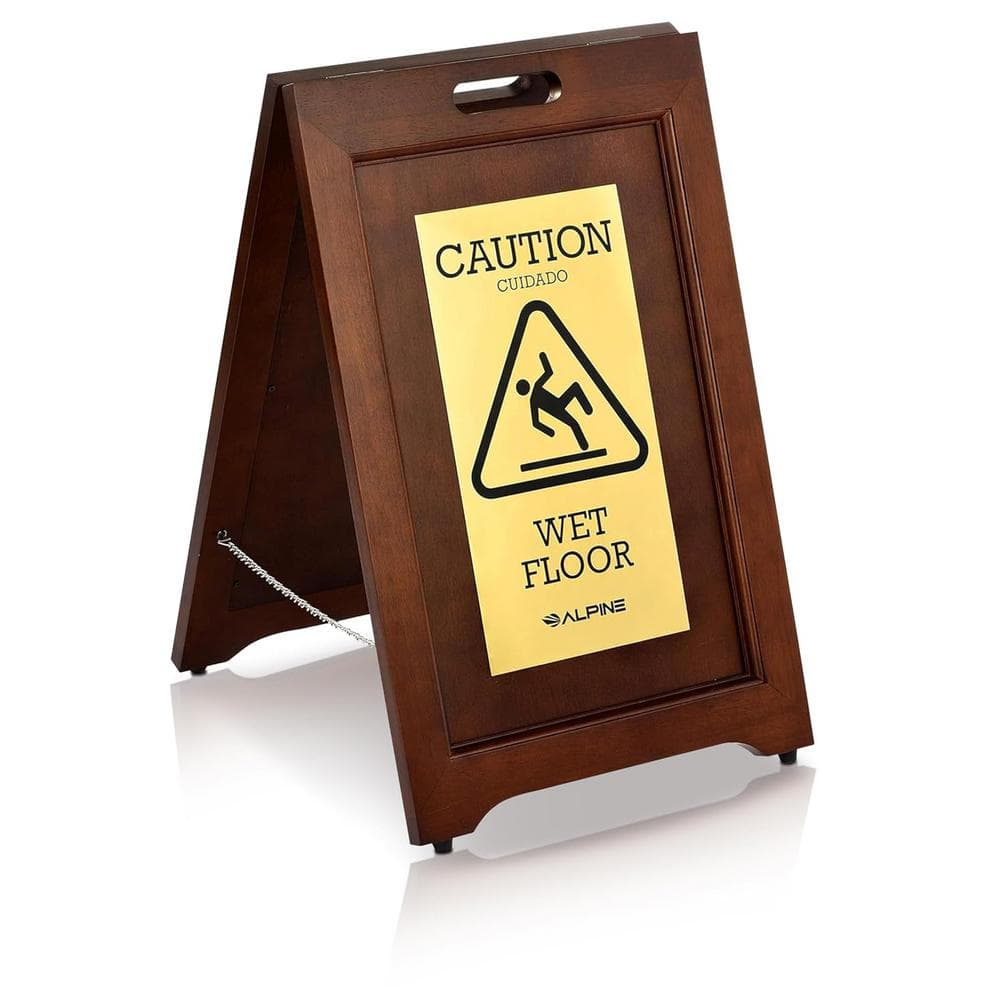 24 in. H x 15 in. W Double-Sided Brass Plated Wooden Bilingual Caution Wet 