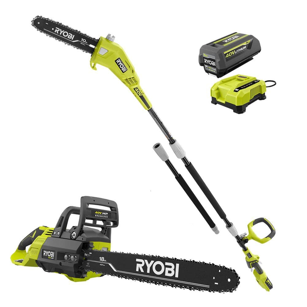 RYOBI 40V HP Brushless 18 in. Cordless Battery Chainsaw and 10 in. Cordless Battery Pole Saw with 5.0 Ah Battery and Charger -  RY40580-PS
