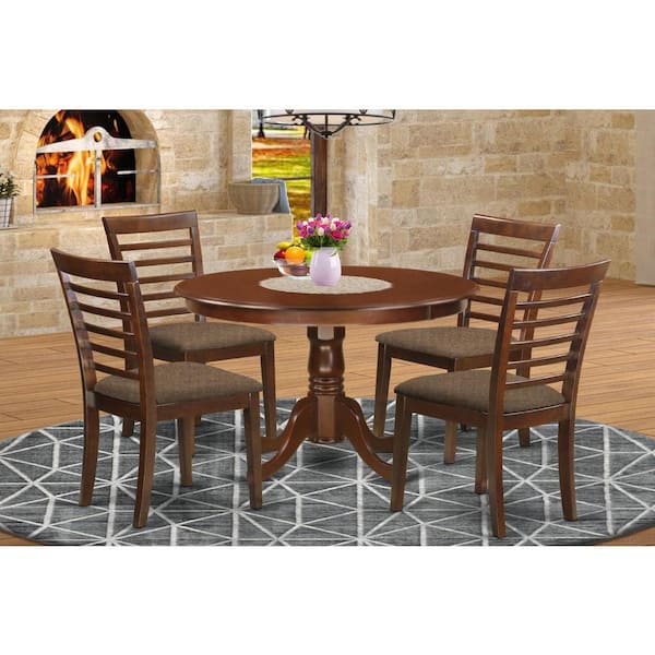 East West Furniture 5-Piece Round Mahogany Finish Solid Wood Top Dining table with 4 Chairs with Lattice Back