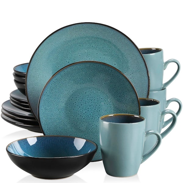 16-Piece Green Stoneware Dinnerware Set Service for 4 Tableware Set with Plates Bowls and Mugs