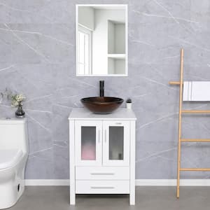 24 in. W x 20 in. D x 32 in. H Single Sink Bath Vanity in White with Brown Vessel Sink Top ORB Faucet and Mirror