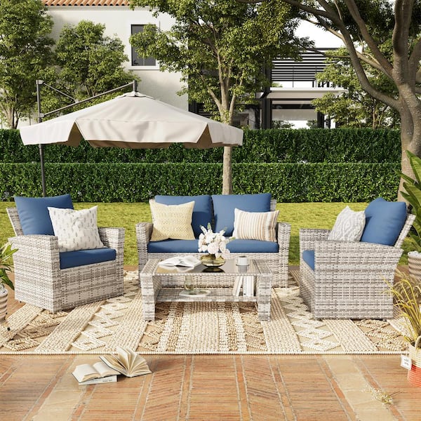 ELPOSUN 4-Piece Gray Wicker Outdoor Patio Conversation Sofa Seating Set with Navy Cushions, Loveseat, Tempered Glass Side Table