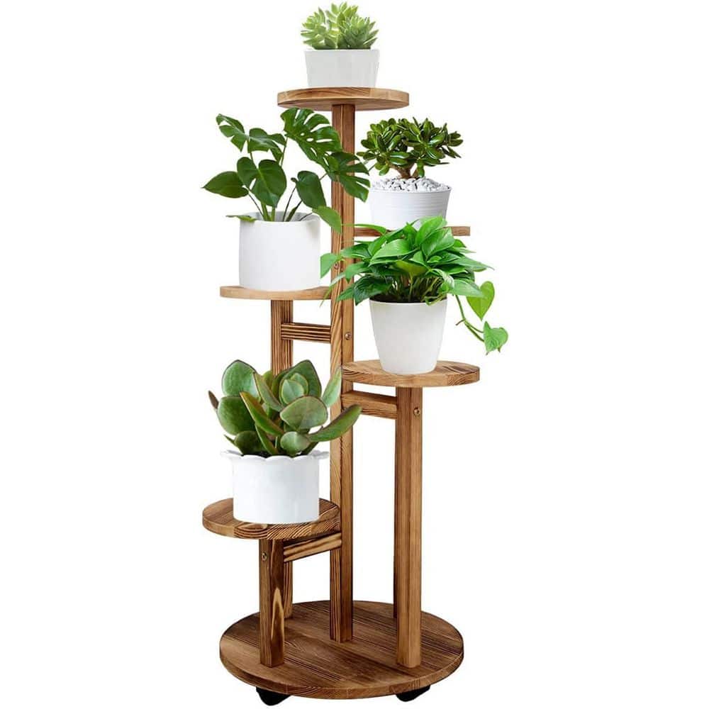 34 in. Indoor/Outdoor Brown Wood Plant Stand for Outdoor (5-Tiered)