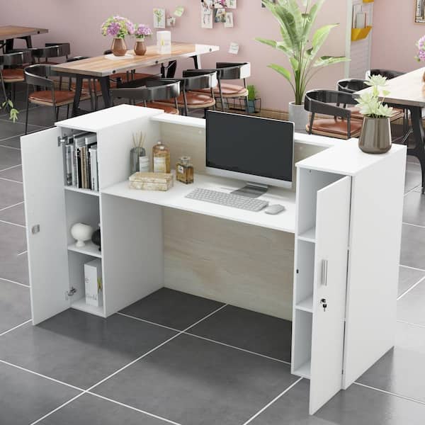FUFU&GAGA 70.9 in. W White MDF Executive Desk with a Spacious Tabletop and 6-Enclosed Storage Shelves