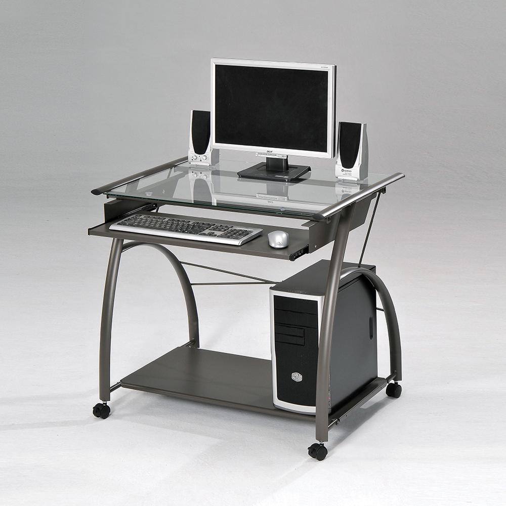 Vincent Pewter Gray Glass Top Computer Cart with Keyboard Tray