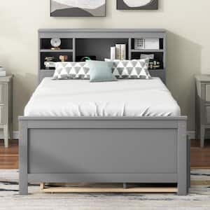 Gray Wood Frame Twin Size Platform Bed with 3-Drawer, Headboard with Shelves, Twin Size Trundle, USB Charging Station