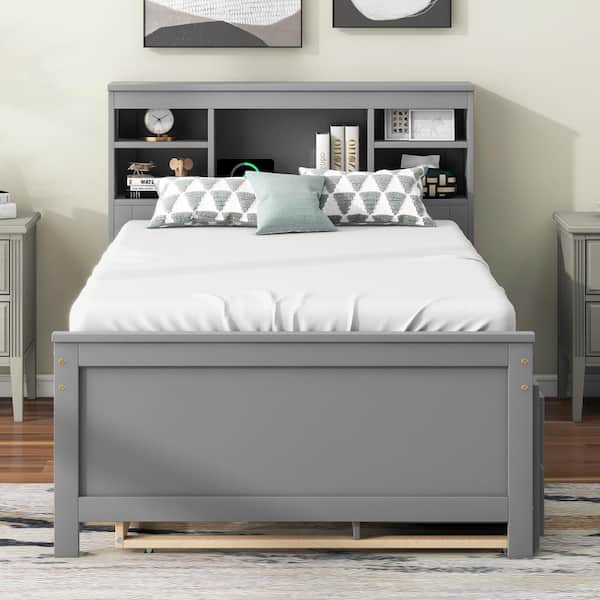 Harper & Bright Designs Gray Wood Frame Twin Size Platform Bed with 3-Drawer, Headboard with Shelves, Twin Size Trundle, USB Charging Station