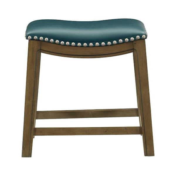 EVERGLADE HOME Pecos 20 in. Brown Backless Wood Frame Saddle Dining Bar Stool with Green Faux Leather Seat