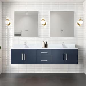 Geneva 80 in. W x 22 in. D Navy Blue Double Bath Vanity, Cultured Marble Top, Faucet Set, and 30 in. LED Mirrors