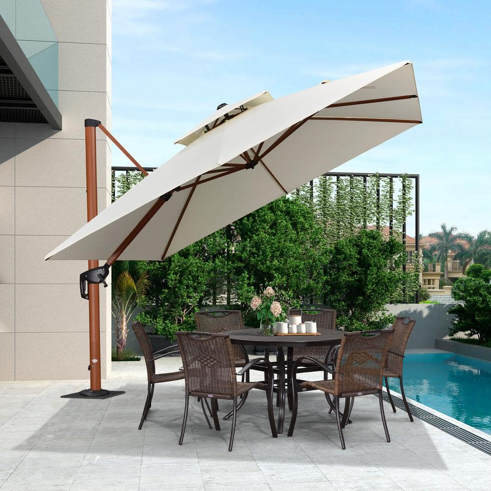10 ft. Square High-Quality Wood Pattern Aluminum Cantilever Polyester Patio Umbrella with Base Plate, Cream