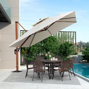 10 ft. Square High-Quality Wood Pattern Aluminum Cantilever Polyester Patio Umbrella with Base Plate, Cream