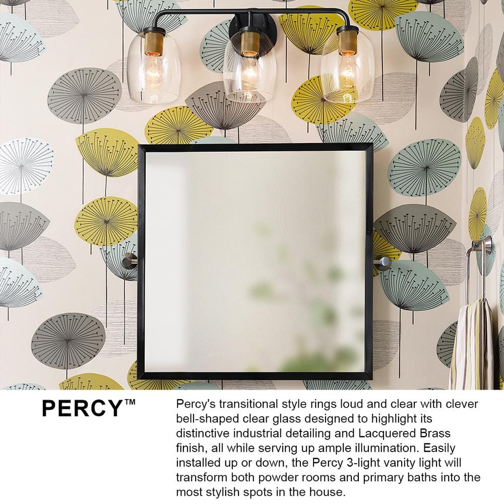 Percy Transitional 2-Light Vanity in Lacquered Brass with Clear Glass