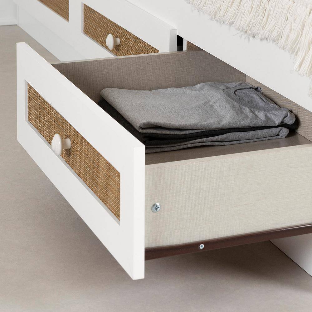 White Twin Platform Bed with Faux Rattan Drawers