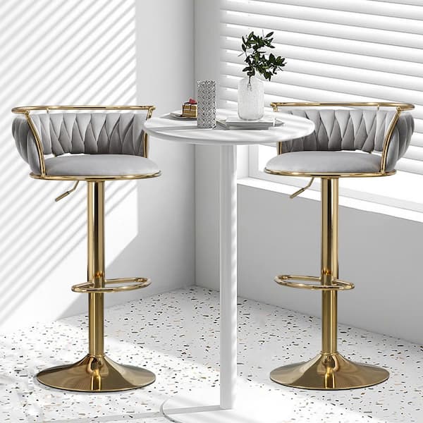 38.5 in. Gray Low Back Metal Frame Swivel Adjustable Height Bar Stool with Velvet Seat (Set of 2)