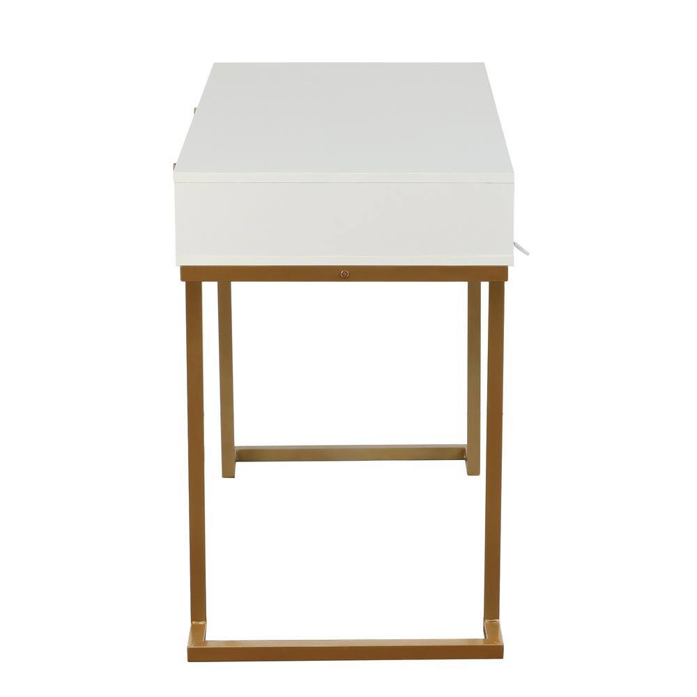 White Wood and Gold Metal Two Drawer Writing Desk