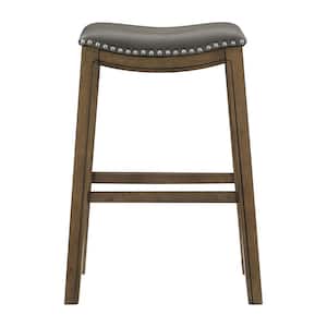 Pecos 30 in. Brown Wood Pub Height Dining Stool with Gray Faux Leather Seat