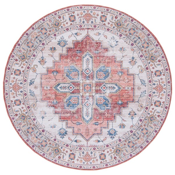 SAFAVIEH Tuscon Beige/Blue 5 ft. x 5 ft. Machine Washable Distressed Medallion Round Area Rug