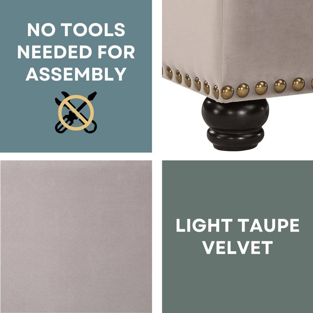Elegant Taupe Velvet Tufted Storage Ottoman with Antique Nailhead Trim