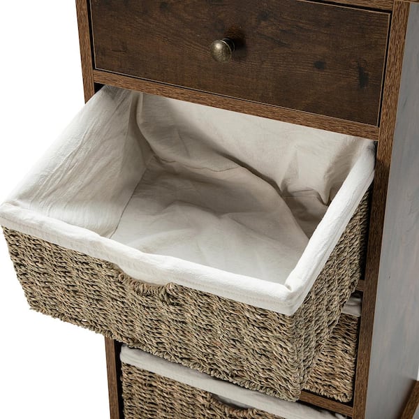 Tatahance White Wood Cabinet with Removable Woven Baskets