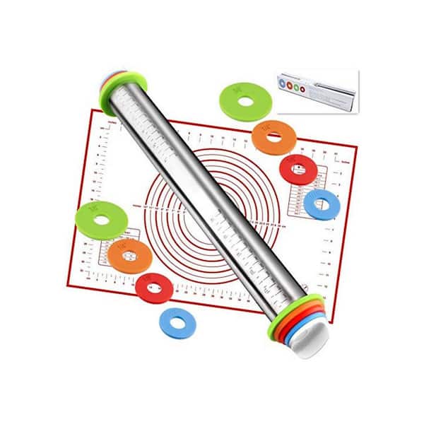 17" Stainless Steel Rolling Pin w 4 Adjustable Thickness Rings, Non-Stick Surface for Baking Cookie Fondant Pizza Pasta