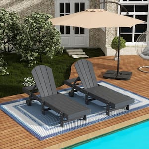 Laguna 2-Piece Fade Resistant HDPE Plastic Adjustable Outdoor Adirondack Chaise Loungers with Wheels in Gray