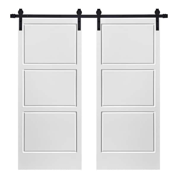 AIOPOP HOME Modern 3-Panel Designed 72 in. x 80 in. MDF Panel White Painted Double Sliding Barn Door with Hardware Kit