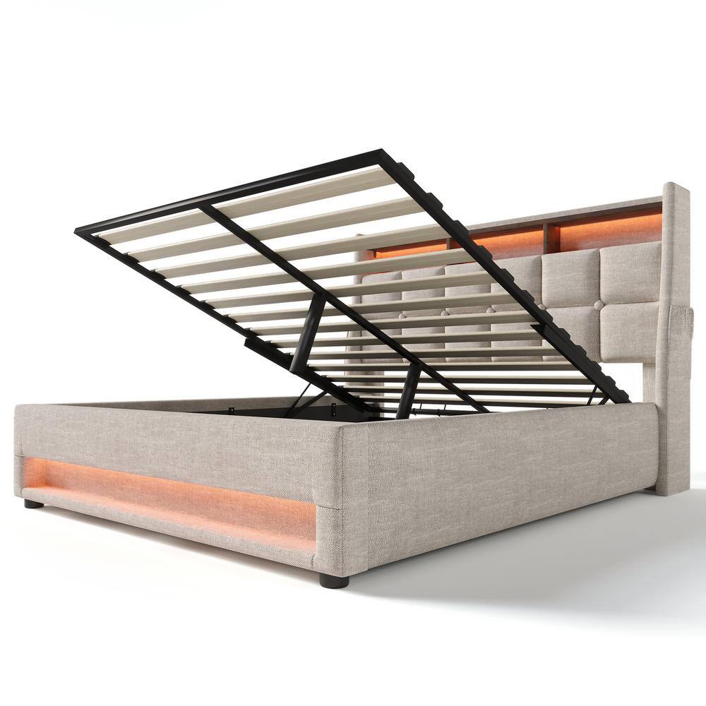 Gray Wood Frame Full Linen Platform Bed with LED Lights, Hydraulic Storage, USB Charging, Storage Headboard, Pockets - thumbnail 7
