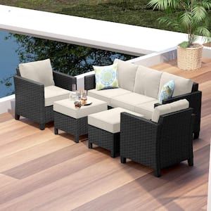 5-Piece Black Wicker Steel Outdoor Conversation Set Patio Furniture Set with Ottoman and Beige Cushions