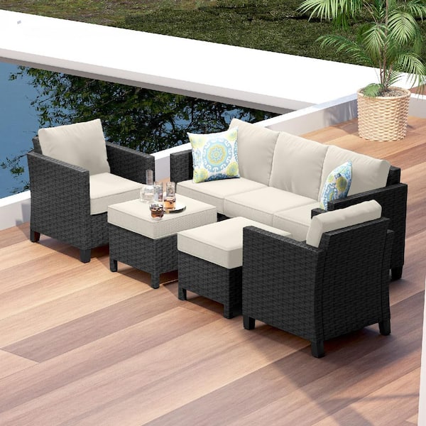 HEARTH & HARBOR 5-Piece Black Wicker Steel Outdoor Conversation Set Patio Furniture Set with Ottoman and Beige Cushions