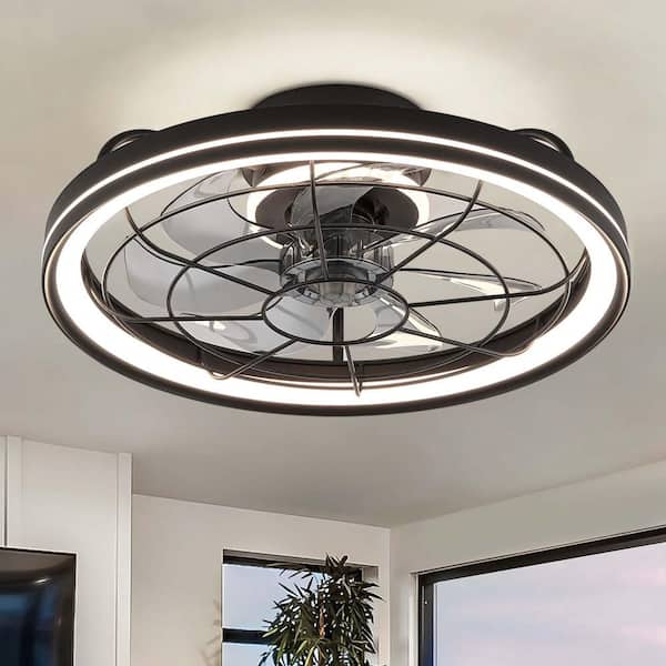 19 in. Indoor Black Caged Ceiling Fan with Integrated LED Light Modern Farmhouse Flush Mount Ceiling Fan
