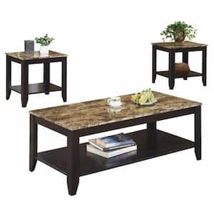 3-Piece 48 in. Cappuccino/Brown Large Rectangle Marble Coffee Table Set with Shelf