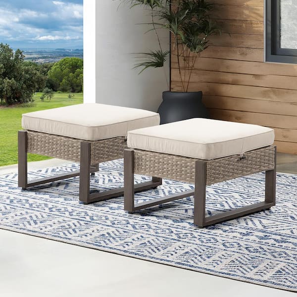Wicker Outdoor Patio Ottoman with Steel Frame and Beige Cushions (Set of 2)