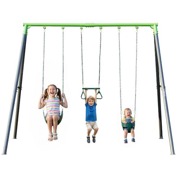 9-FT Heavy-Duty Metal Swing Set with Coated Chains, A-Frame Backyard Playset w/ 3-Swing Design, by a Trusted USA Brand.