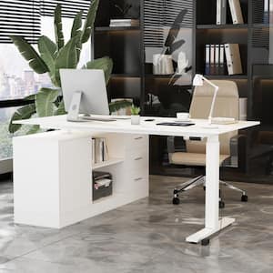 63 in. Width L-Shape White Wooden 3-Drawer Computer Desk with Adjustable Height, Open Shelves and a Door Storage Cabinet