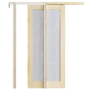 36 in. x 96 in. 1-Lite Frosted Glass Primed Door with Solid Core Pine Pocket Door Frame with Hardware and Soft Close