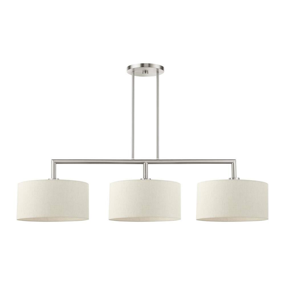 Meridian Brushed Nickel 3-Light Linear Chandelier with Oatmeal Shades