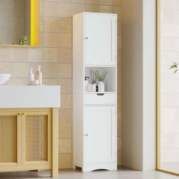 Modern White 67 in. H Freestanding Narrow Accent Storage Cabinet with 2-Doors, 1-Drawer and Open Shelf