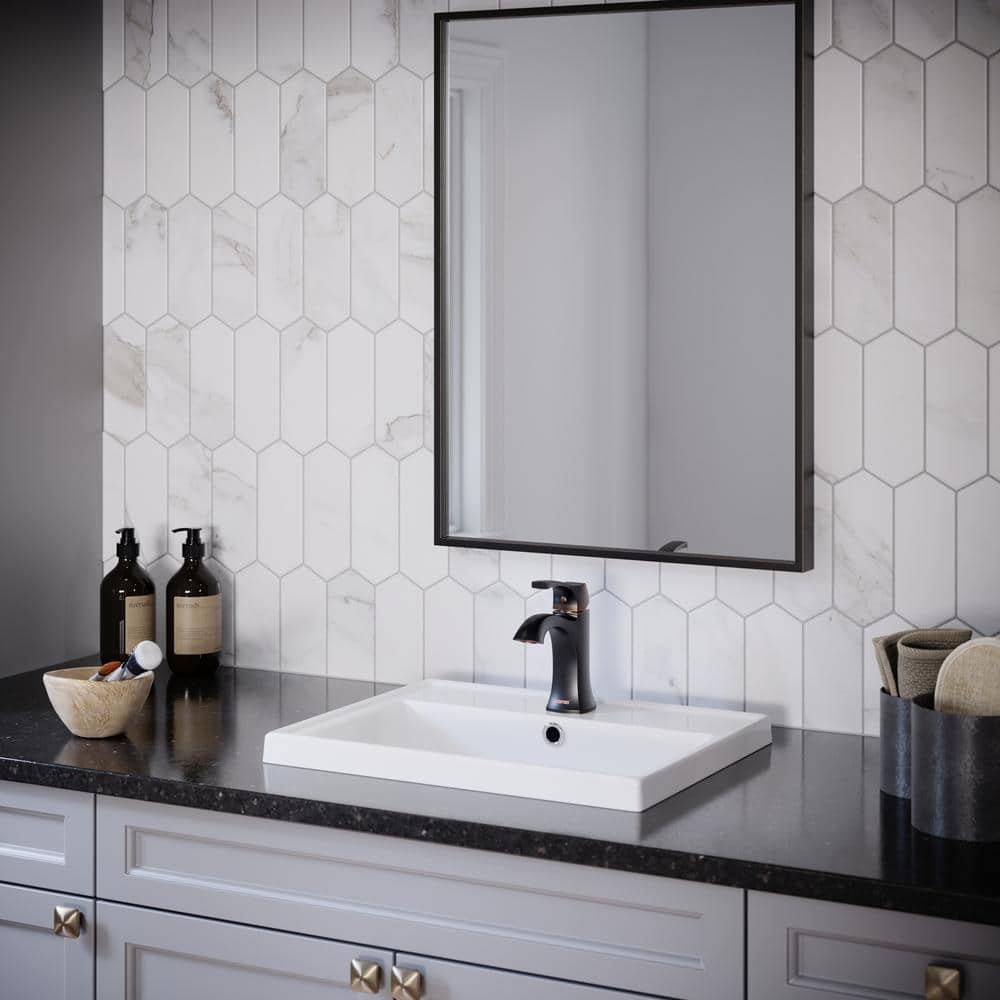White Ceramic Rectangular Top Mount Bathroom Sink with Overflow Drain