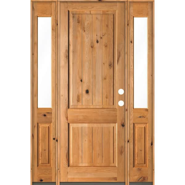 Krosswood Doors 70 in. x 96 in. Rustic Knotty Alder Square Clear Stain Wood V-Groove Left Hand Single Prehung Front Door/Half Sidelites